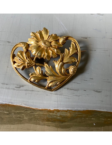 Broche Ancienne Florale Dorée Sur Métal - Bijou Vintage Sans Marque à Motif Peint